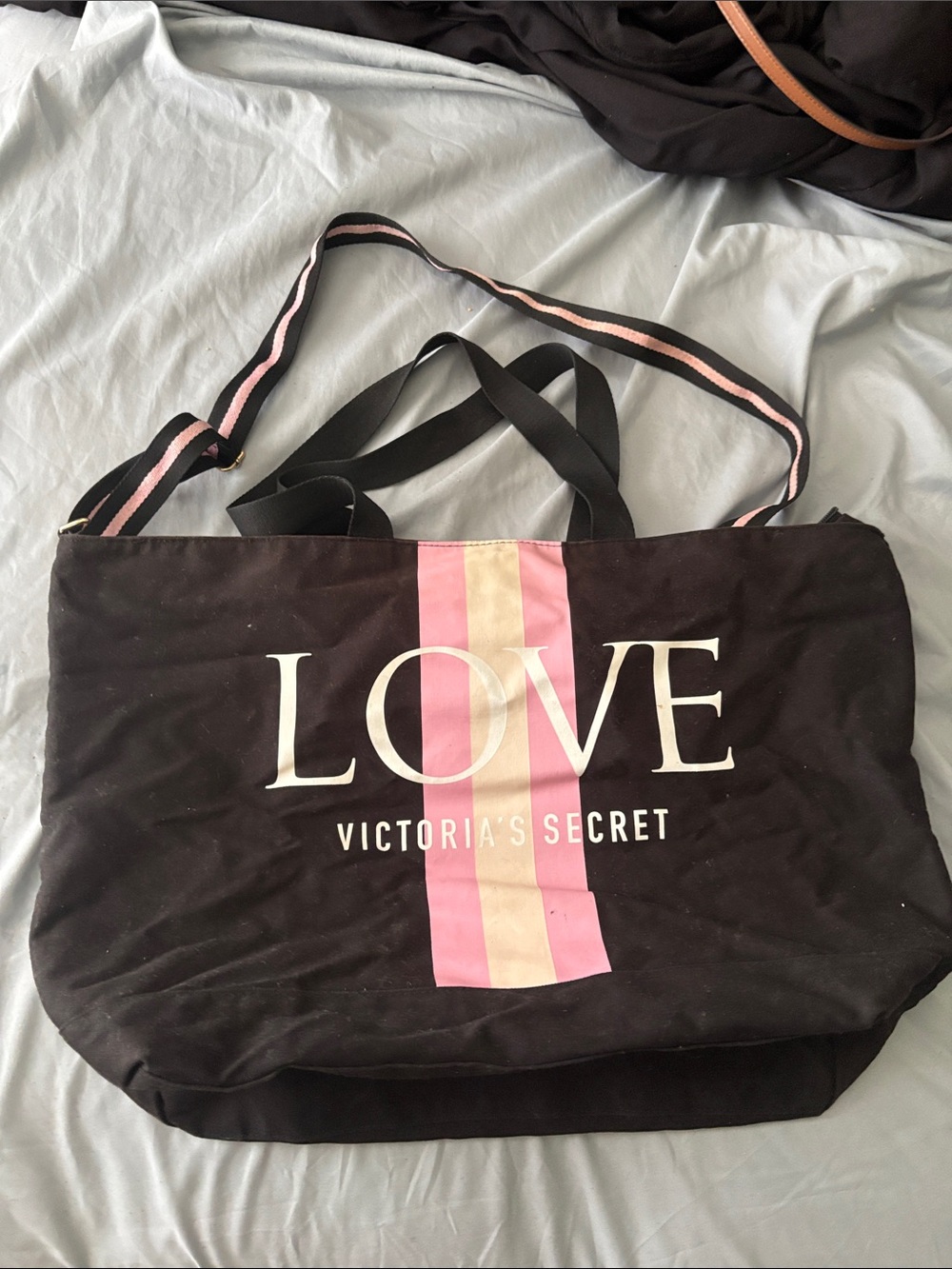 PINK Victoria's Secret Black Canvas Tote with Pink and Cream Stripe